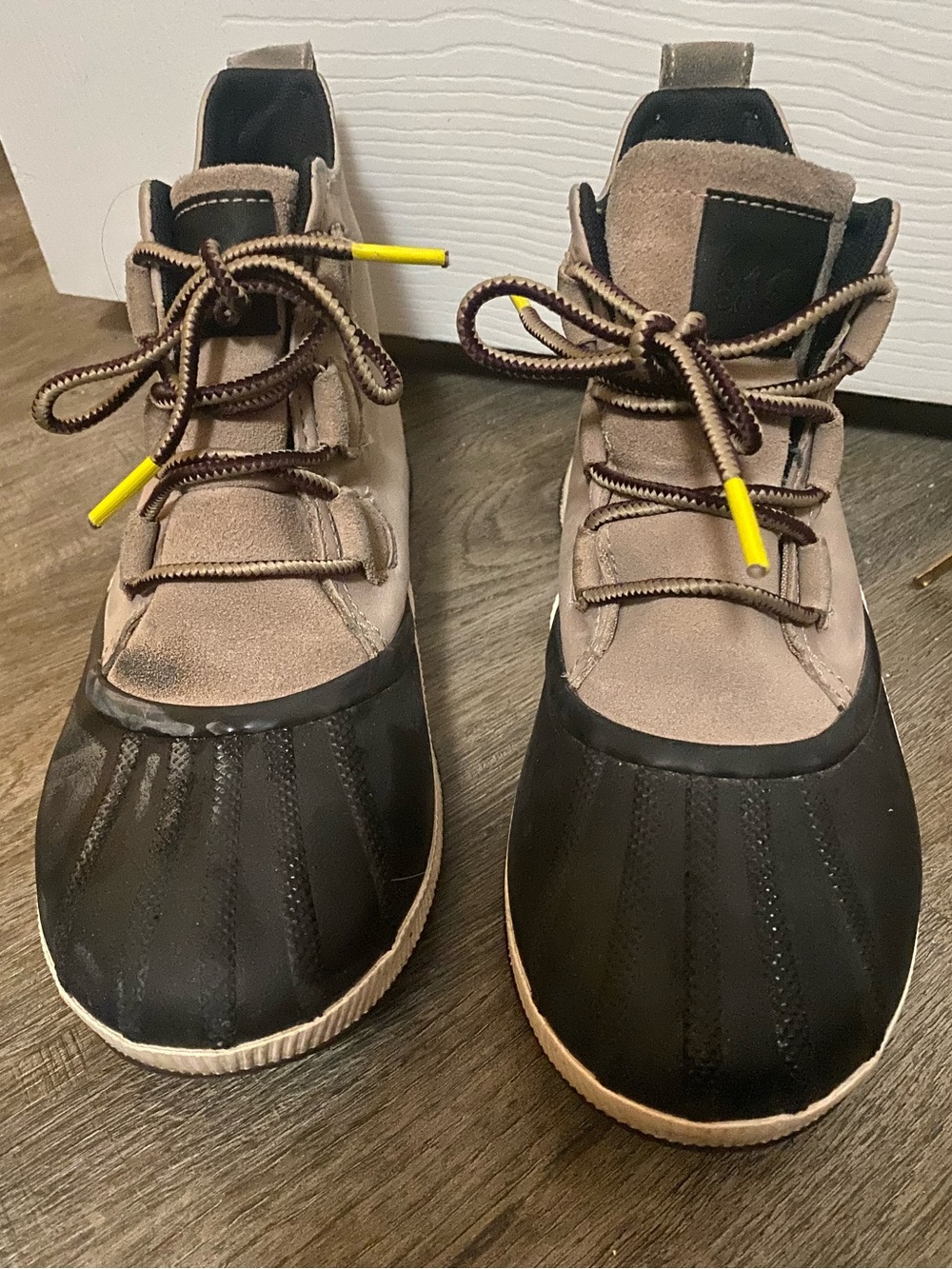 Sorel Ladies Taupe Suede and Black Rubber Duck Boots with Yellow Lace Tips